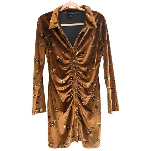 HOUSE OF HARLOW 1960 Revolve Brown Bronze Velvet Ruched L/S Floral Mini Dress M - Picture 1 of 4